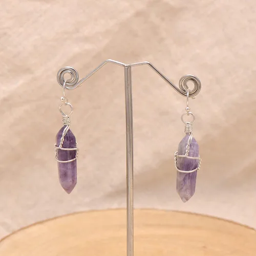 Vista 7 de Pendientes de cristal de punta envuelta en alambre de piedra pulida para mujer Reiki Energy Healing