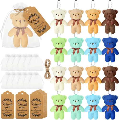 Vista 6 de Fumete 40 juegos de osos para baby shower de 4.7 pulgadas, osos pequeños a granel, osos de peluche, llavero pequeño, adornos colgantes con bolsa