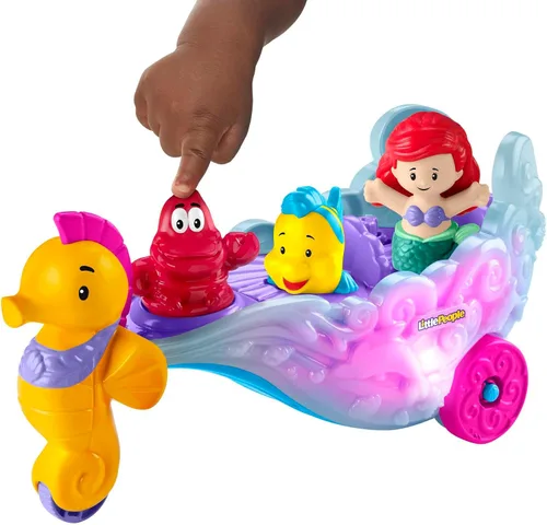 Vista 3 de Fisher-Price Little People Juguete para Niños Pequeños Disney Princesa Ariel Carrito Marino Iluminado Vehículo Musical para Juego Simulado Edades