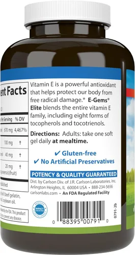 Vista 3 de Carlson - E-Gems Elite, 1000 UI de vitamina E con tocoferoles y tocotrienoles, salud cardíaca y bienestar óptimo, antioxidante, 120 geles blandos