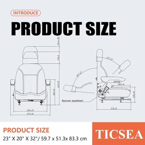 Vista 2 de Asiento Universal de Tractor, Asiento de Carretilla Elevadora con Cinturón de Seguridad y Respaldo Ajustable, Reposacabezas, Reposabrazos