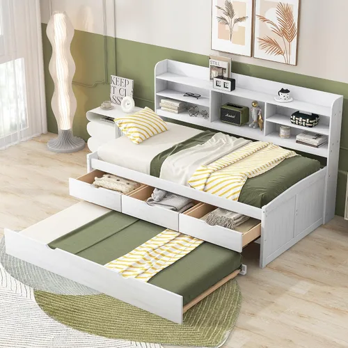Vista 14 de Sofá cama doble con cama nido y 2 brazos de almacenamiento multifuncionales, marco de sofá cama de tela de lino con carga USB para habitación