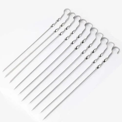 Vista 6 de Paquete de 12 brochetas Kabob para barbacoa, de acero inoxidable, resistentes, grandes, anchas, reutilizables, con mango de anillo antideslizante