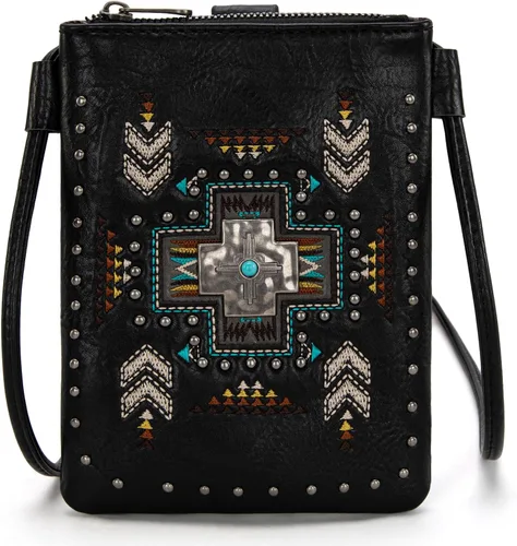 Vista 15 de Montana West Bolsos pequeños cruzados para mujeres estilo occidental con monedero para teléfono celular Aa-negro.