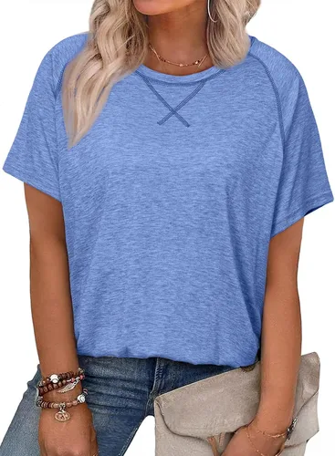 Vista 121 de Eytino Blusas de talla grande para mujer, cuello en V, manga corta, a rayas, casual, holgada, con bolsillo (1X-5X)