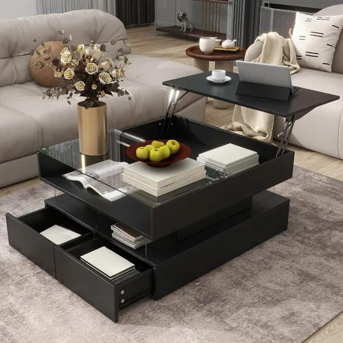 Vista 17 de Mesa auxiliar elevable con almacenamiento, moderna mesa central de 42 pulgadas con tres paneles de almacenamiento ocultos y estriados, elevación
