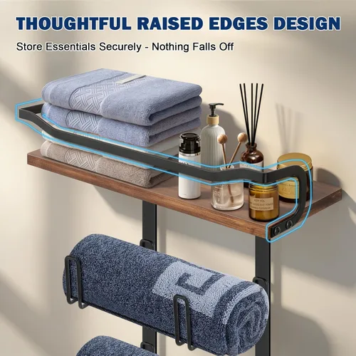 Vista 3 de NearMoon Toallero con estante de madera, soporte organizador de toallas de metal inoxidable para almacenamiento de baño, montado en la pared