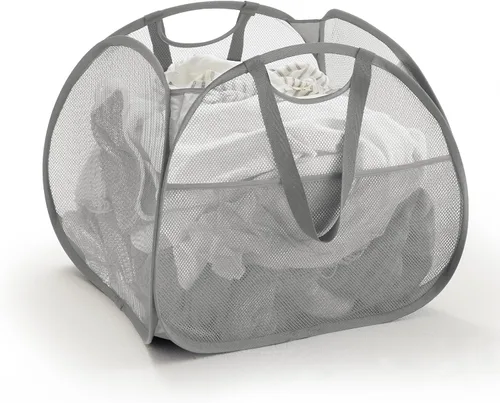 Vista 12 de TECHMILLY Cesta plegable de malla con asas fuertes, cesta de ropa de gran apertura con bolsillos laterales, cestas de almacenamiento para Blanco