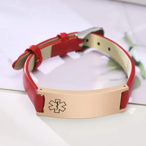Vista 58 de MPRAINBOW Pulsera de alerta médica personalizada para mujer, correa de reloj de cuero genuino, grabado de doble cara, diabetes, epilepsia, joyería