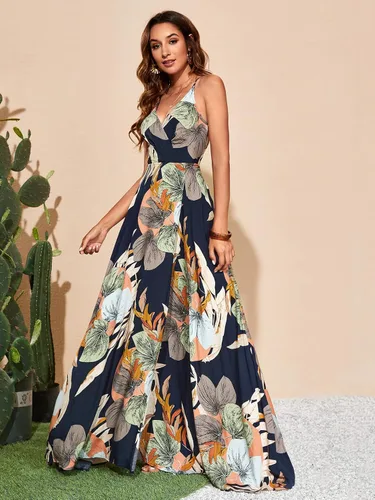 Vista 5 de SheIn Vestido largo cruzado con cinturón para mujer cuello en V sin mangas con estampado tropical