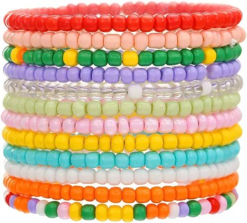 Vista 15 de Caiyao 12 pulseras apilables con cuentas de resina multicapa bohemia, pulseras elásticas de cuentas de cristal de colores, pulseras elásticas