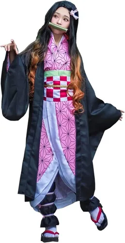 Vista 6 de Nezuko - Disfraz completo de cosplay con peluca de bambú capa de bambú para Navidad, día de Acción de Gracias, uniforme para niñas y mujeres
