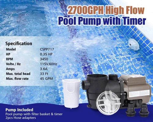 Vista 4 de CIPU Bomba de piscina con temporizador de 2700 GPH 115 V, potente autocebante sobre el suelo, 0.35 HP con cesta de filtro de bajo ruido