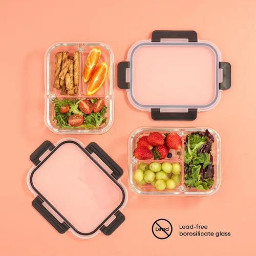 Vista 7 de JoyJolt Juego de caja Bento dividida de 3 compartimentos de vidrio para preparación de comidas, paquete de 5 recipientes herméticos