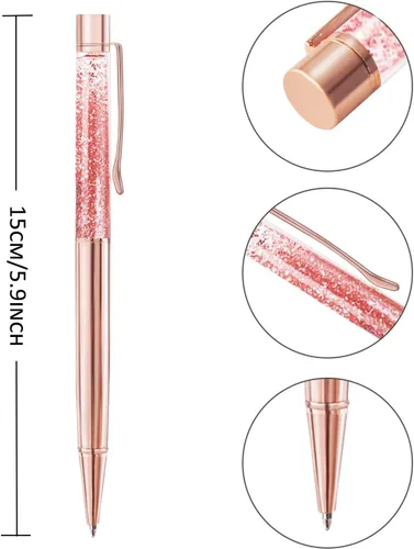 Vista 2 de ZZTX 3 bolígrafos de oro rosa, bolígrafo de metal brillante dinámico de arena líquida con repuestos, tinta negra, suministros de oficina, bolígrafos