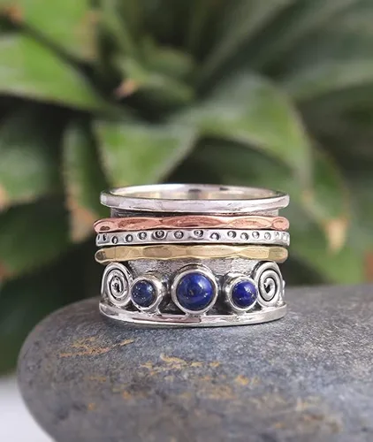 Vista 4 de Lapislázuli - Anillo giratorio de plata con piedras preciosas hechas a mano, 8, Plata, lapislázuli