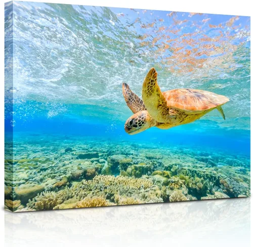Vista 13 de Playa - Arte de pared del océano: tortugas marinas en un lienzo azul para decoración de baño, arte marino, tortuga hawaiana, decoración costera