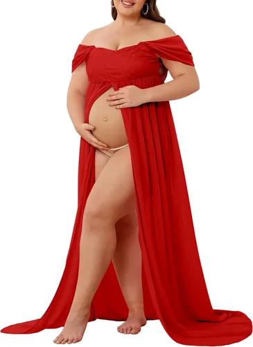 Vista 4 de Vestido de maternidad para sesión de fotos con hombros descubiertos, vestido de gasa con abertura frontal, maxi vestidos de embarazo para fotografía