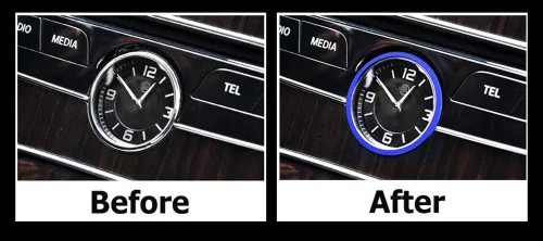 Vista 4 de iJDMTOY Anillo decorativo de aluminio azul para salpicadero interior de reloj analógico compatible con Mercedes W205 Clase C W213 Clase E X205 Clase