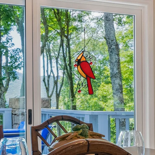 Vista 9 de Adorno de cardenal rojo de vitral colgante para ventana, adornos de pájaros atrapasueños para ventana, regalos de cardenal para abuela, mamá, regalo