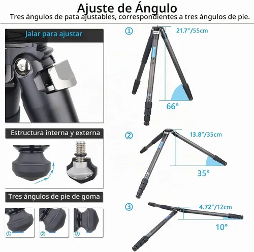 Vista 6 de ARTCISE Trípode de cámara de fibra de carbono - Trípode de viaje profesional resistente sin cabeza esférica, monopie para cámara réflex digital