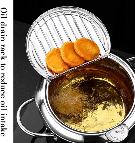 Vista 6 de WSHA Olla de acero inoxidable para freidora, sartén con control de temperatura, estilo japonés, Tempura con escurridor de aceite, para cocina