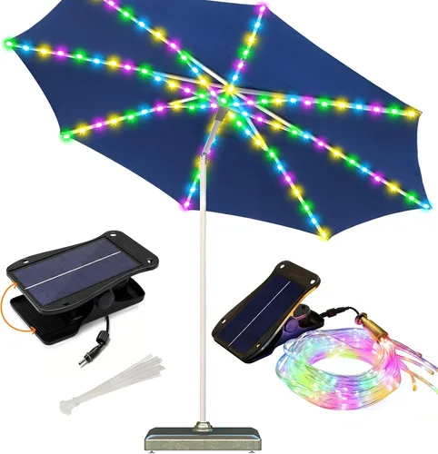 Vista 10 de luces de sombrilla solar, 8 hebras de luces de sombrilla para patio al aire libre con 8 modos, panel solar de 3V, clip con 112 LED, luces al aire