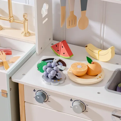 Vista 6 de ROBOTIME Juego de comida de madera 4 en 1, juego de juguete de simulación para jugar cocina con bolsa de compras, accesorios de cocina para niños