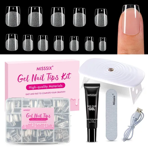 Vista 9 de Misssix Kit de puntas de uñas de gel cortas en forma de almendra, 216 piezas de uñas postizas transparentes pregrabadas, uñas postizas de cobertura