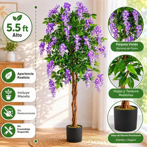 Vista 6 de Árboles artificiales ficus de 5.5 pies para decoración de interiores o exteriores Morado