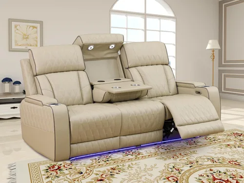 Vista 90 de Juego de sofá reclinable eléctrico, seccional de cuero transpirable beige, juego de muebles de sala de estar, 2 piezas, sofá reclinable eléctrico
