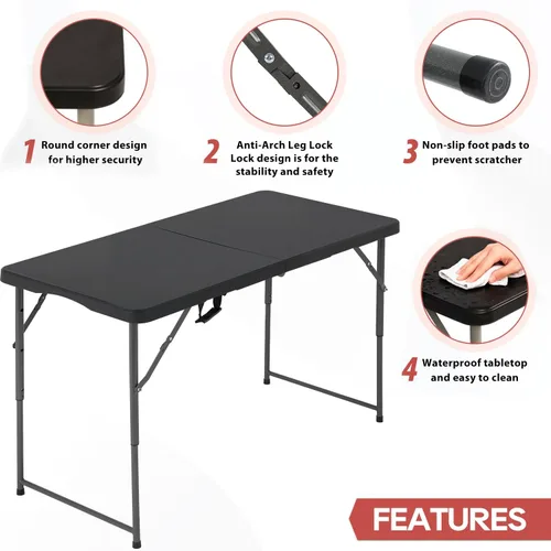 Vista 4 de PayLessHere Mesa plegable de 4 pies Mesa portátil de plástico con asa de transporte Diseño de mesa impermeable y plegable Estructura de Negro