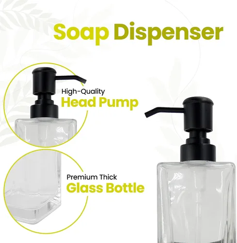 Vista 3 de Juego de dispensador de loción y jabón de vidrio cuadrado transparente con bomba y soporte de metal para baño, cocina, hogar, oficina, viaje, hotel