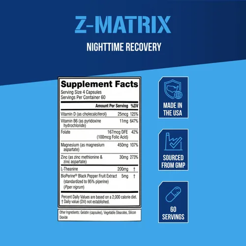 Vista 3 de EVL Suplemento de recuperación post entrenamiento, magnesio y zinc, ZMatrix Zinc Magnesio Aspartato Suplemento de recuperación muscular para apoyo