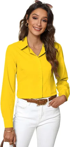 Vista 14 de Atnlewhi - Camisa de trabajo clásica con botones, manga larga, elástica, formal y casual para mujer