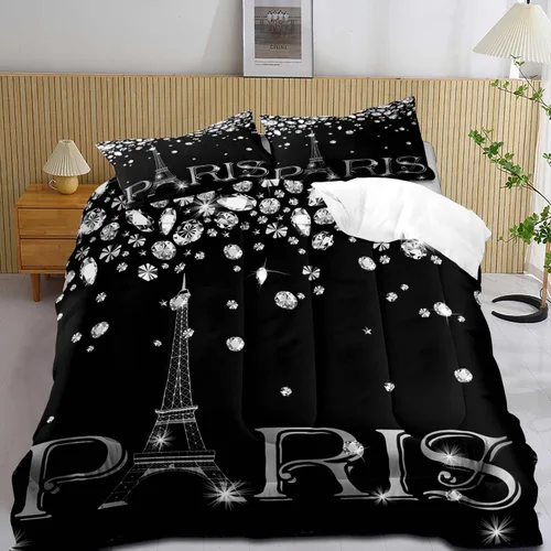 Vista 13 de LUVIVIHOME Juego de edredón de París de 2 piezas, tamaño individual, juego de ropa de cama de la Torre Eiffel francesa, juego de ropa de cama