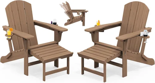 Vista 22 de KINGYES Silla Adirondack plegable ajustable con otomana y 2 portavasos, silla reclinable Adirondack HDPE con reposapiés, Aruba