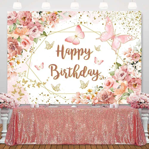 Vista 3 de Sensfun Telón de fondo floral de feliz cumpleaños para mujeres y niñas, mariposa rosa, fiesta de cumpleaños, fondo de fotografía, flores