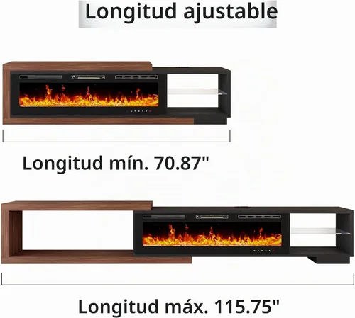Vista 8 de Soporte de TV extensible con chimenea eléctrica de 71 a 116 pulgadas, moderno centro de entretenimiento con luces LED y toma de corriente para TV