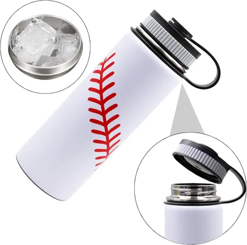 Vista 7 de Botella de agua de béisbol de 18 onzas, botella deportiva de boca ancha, vaso de viaje de metal con 2 tapas, botellas de agua aisladas al vacío