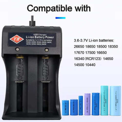 Vista 2 de Cargador de batería 18650 Cargador rápido de 2 bahías, para baterías recargables 3.7V Li-ion 10440, 14500, 16340, 16650, 14650, 18350, 18500, 18650