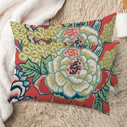 Vista 39 de Juego de 2 almohadas coloridas de estilo chinoiserie, color rosa intenso, azul real, peonía, floral, blanco, lino, estilo chinoiserie, para sofá