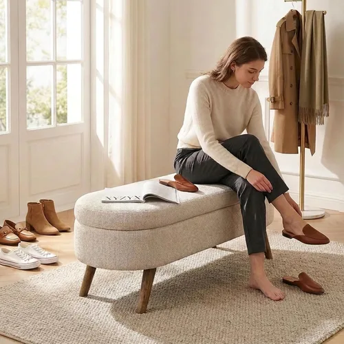Vista 7 de 43.5” Storage Ottoman Bench，Upholstered Oval End of Bed Bench for Bedroom Beige