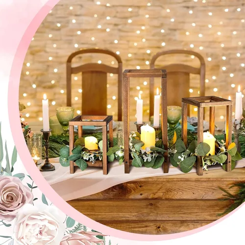 Vista 5 de Soaoo 24 faroles de madera para velas de boda, centro de mesa a granel para mesa, portavelas de madera rústica, farol de granja para bodas, fiestas
