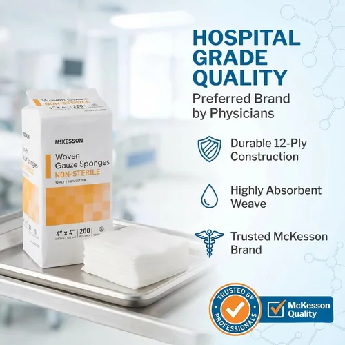 Vista 2 de McKesson Esponjas tejidas de gasa, no estériles, (4 x 4 pulgadas (200 unidades) 12-Ply 100% Cotton Breathable Woven Gauze Sponges for Wound Care &