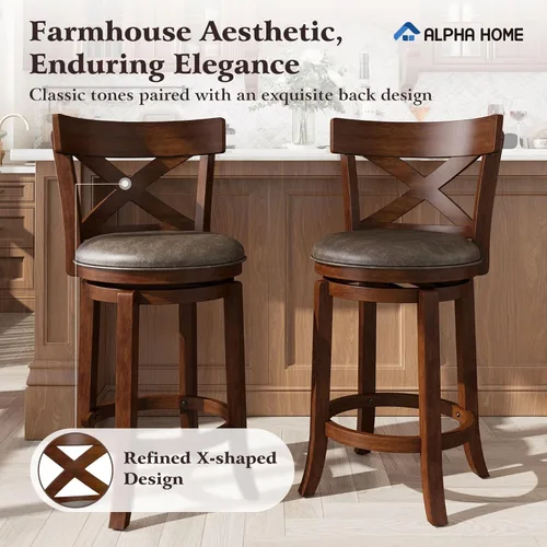 Vista 3 de ALPHA HOME Taburetes de bar giratorios con respaldo, 26 pulgadas, juego de 2, taburetes de bar de madera, sillas de bar de 360 grados con patas
