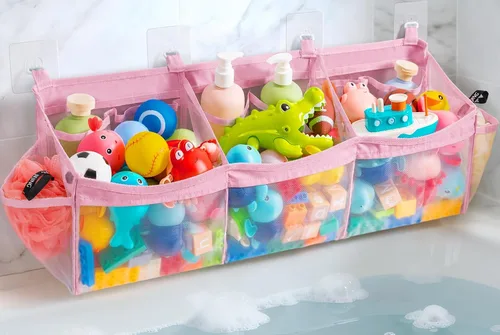 Vista 10 de Criusia Organizador de juguetes de baño extragrande con 3 compartimentos y múltiples bolsillos, almacenamiento de malla de secado rápido