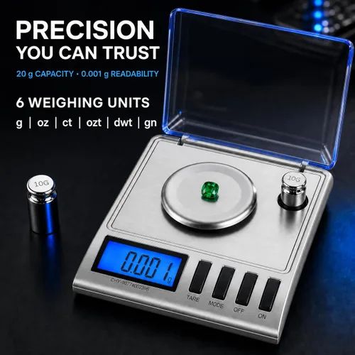 Vista 7 de Smart Weigh GEM20 - 20 g x 0,001 gramos, balanza digital de alta precisión en miligramos para joyería, recarga, balanza para joyas y gemas, pesas