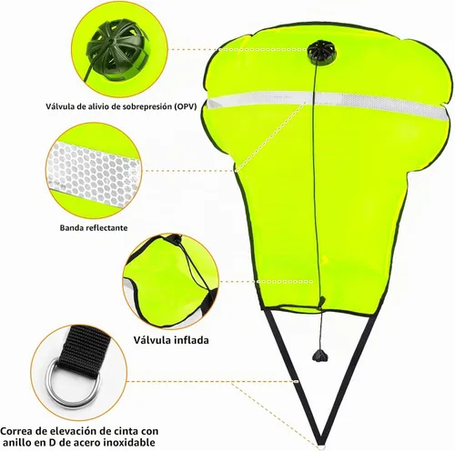Vista 4 de Scuba Lift Bag, 70lb Diving Lifting Bag with Over Pressure Valve Verde fluorescente