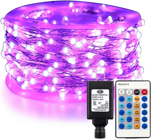 Vista 11 de RUICHEN Luces de hadas moradas regulables enchufables, 33 pies, 100 luces LED parpadeantes con control remoto, luces de alambre plateado